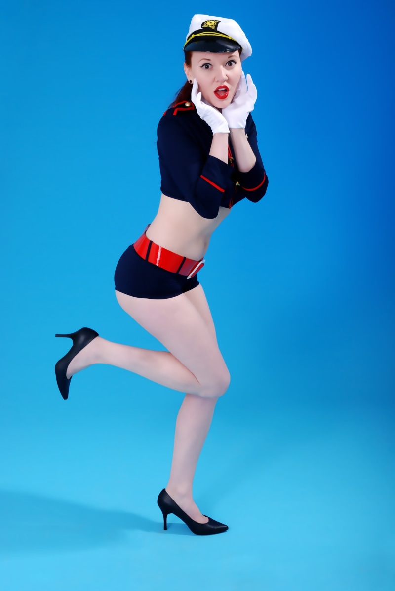 dressed up, young women, germany, pin up, fashion, red, looking at camera, studio, 4K, vintage, pin-up, blue background, women, one young woman only, clothing
