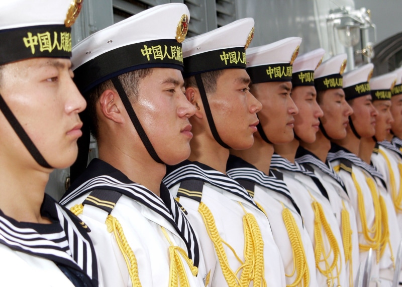 standing, mid adult, men, lined, lifestyles, outdoors, military, china, clothing, headshot, striped, sailors, navy, young adult, sport, in a row, chinese