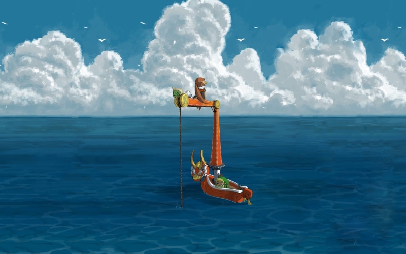 Link, brown, water, outdoors, blue, sky, horizon, art, 1080P, leisure activity, The Legend of Zelda: Wind Waker, full length, lifestyles, one person, video games