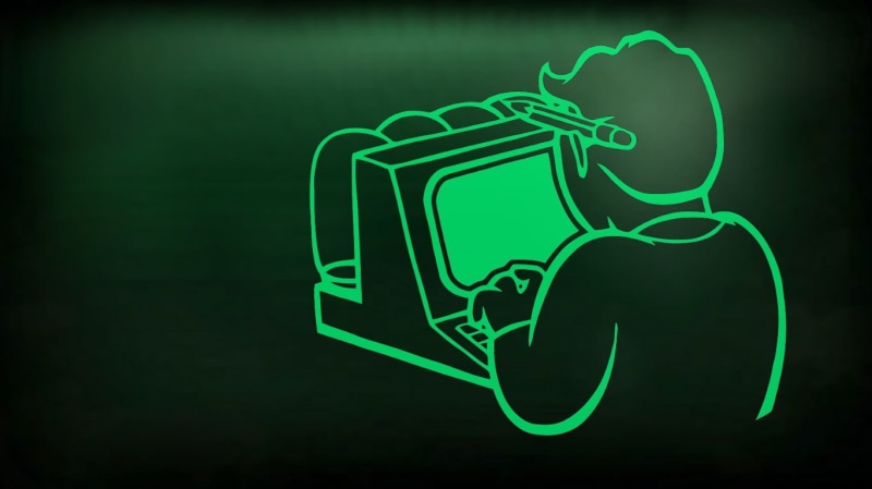 close-up, indoors, man, Fallout 4, computer, video games, representation, Vault Boy, glowing, lighting equipment, illustration, communication, art and craft