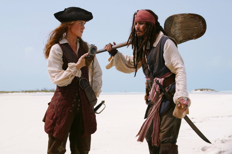 real people, people, two people, togetherness, hat, Elizabeth Swann, land, Jack Sparrow, three quarter length, Pirates Of The Caribbean: Dead Mans Chest