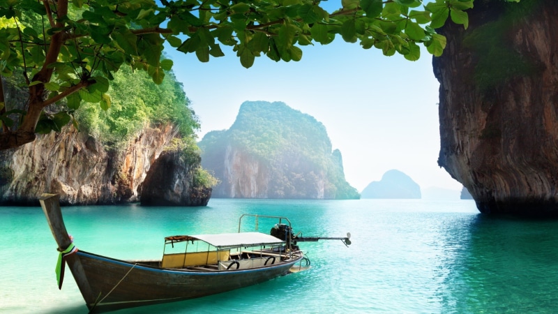 island, vacation, ship, boat, Thailand, trees, 1080P, beach, water, Thai, rocks, sea