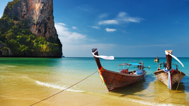 sea, boat, blue sky, summer, tourism, seashore, vacation, shore, tropical, sky, beach, ocean, body of water, boats, exotic, 4K, railay beach, water, thailand