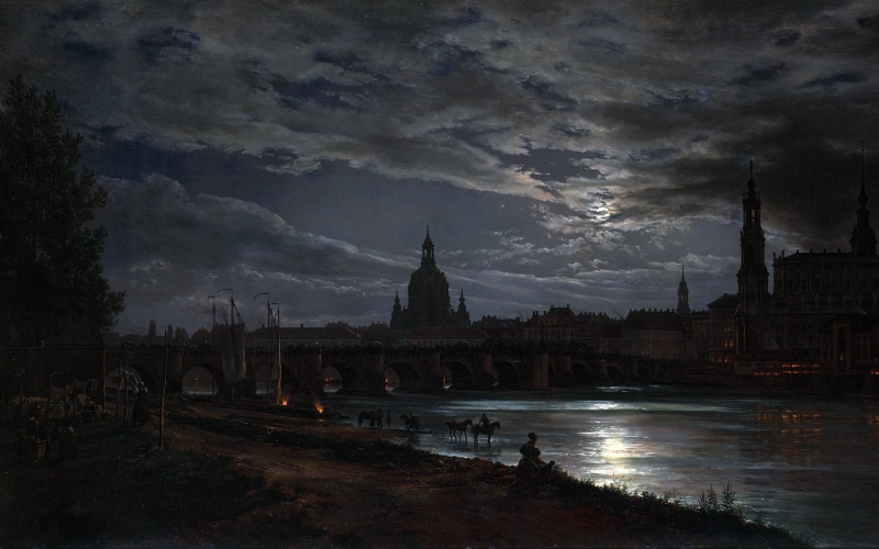 landscape, horses, sky, water, buildings, palaces, church, people, dome, painting art, bridge, cityscape, City, moon, night, architecture, fire, bell tower