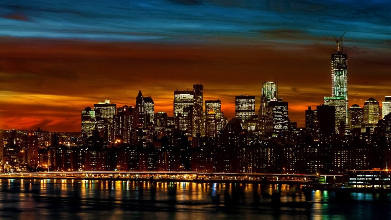financial district, landscape, pier, panorama, river, manhattan, illuminated, harbor, modern, boats, night, travel destinations, boat, no people, reflection