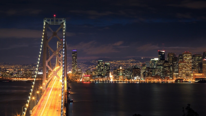 1080P, bridge, aerial, bay, tourist, architecture, cargo ship, building, sky, travel, downtown, water, crane, park, urban, landscape, skyline, cityscape