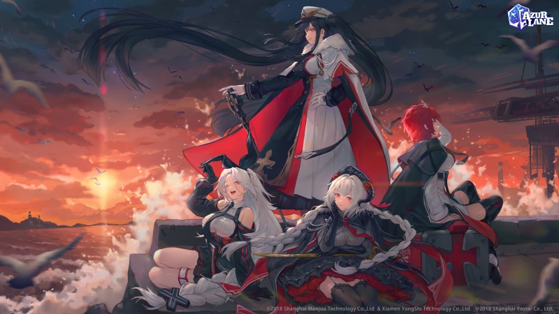 sea, Prinz Heinrich (Azur Lane), Weser (Azur Lane), 5K, Peter Strasser (Azur Lane), anime girls, stockings, Azur Lane, redhead, anime, sunset, Nurnberg (Azur Lane)