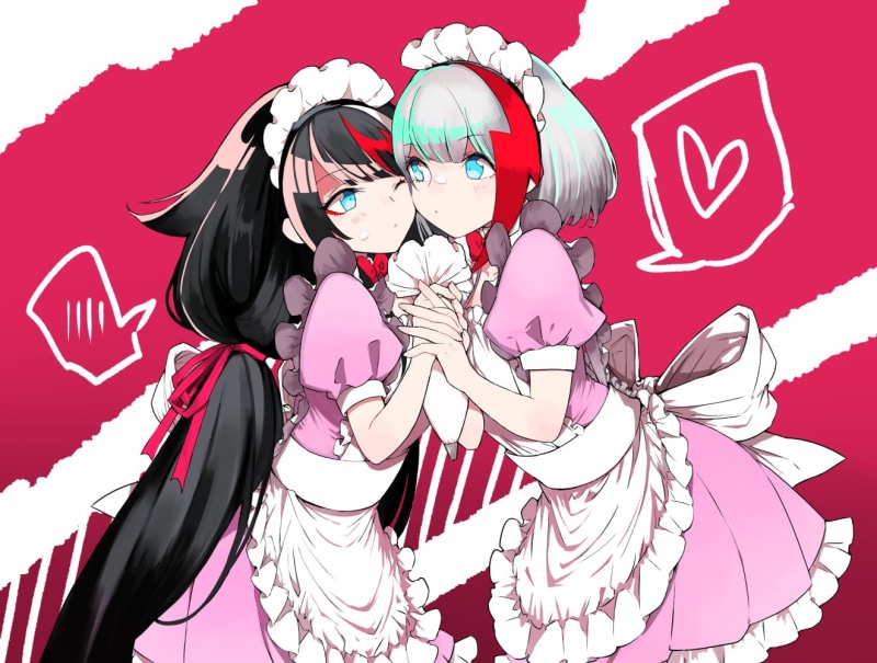 720P, short hair, Azur Lane, Admiral Graf Spee (Azur Lane), wink, headdress, Deutschland (Azur Lane), black hair, shoujo ai, apron, maid, anthropomorphism