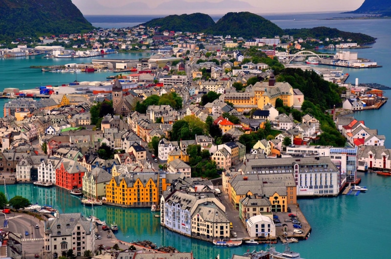 sea, yacht, Alesund, built structure, transportation, gray, crowded, landscape, the sky, building exterior, Norway, harbor, nature, high angle view, island