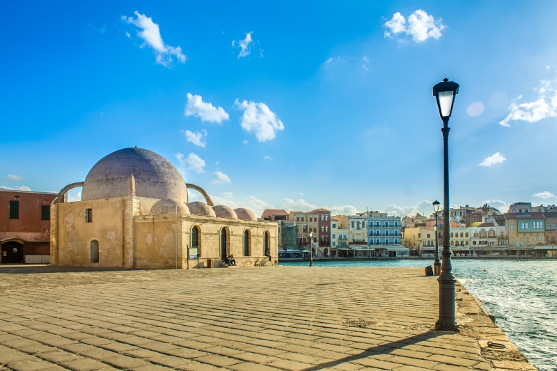 greece, place of worship, history, sky, cloud - sky, built structure, belief, downtown, city, chania, south, religion, water, nature, mosque, sun, church