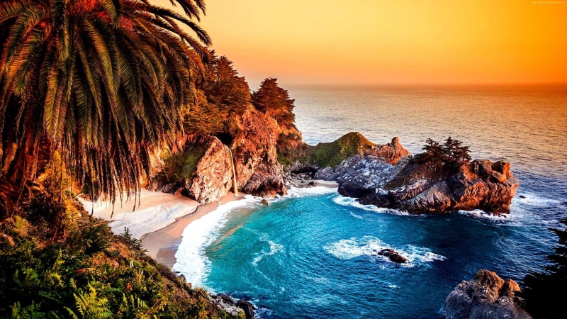 beauty in nature, tranquility, shore, palm, coast, big sur, horizon over water, nature, scenics - nature, california, pacific ocean, water, rock formation
