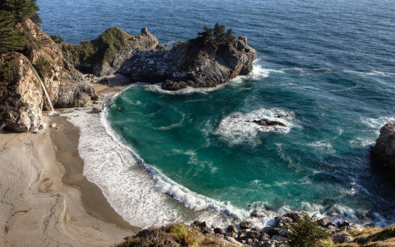 Big Sur, bay, Julia Pfeiffer Burns State Park, McWay Falls, rock, California, Ocean, waterfall, 2K, big, sur