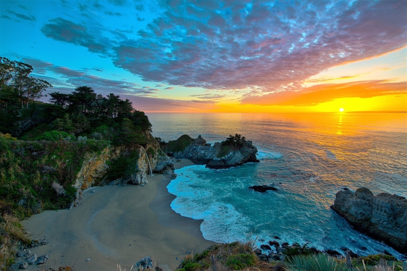 Sunset, California, Ocean, Rock, Big Sur, Sea, Horizon, 1080P, McWay Falls, Earth