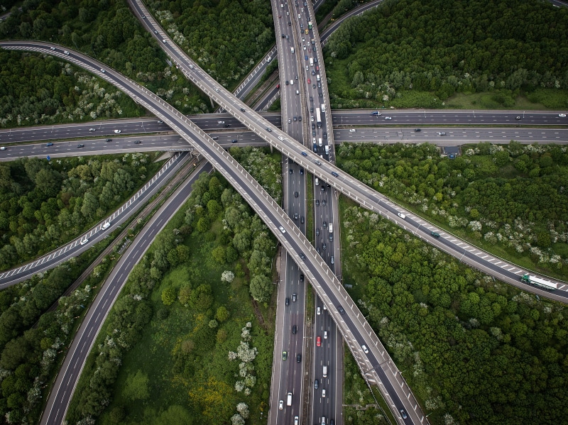 trees, viaduct, highway, overpass, top view, 5K, crossroads, traffic, birds eye view, drone photo