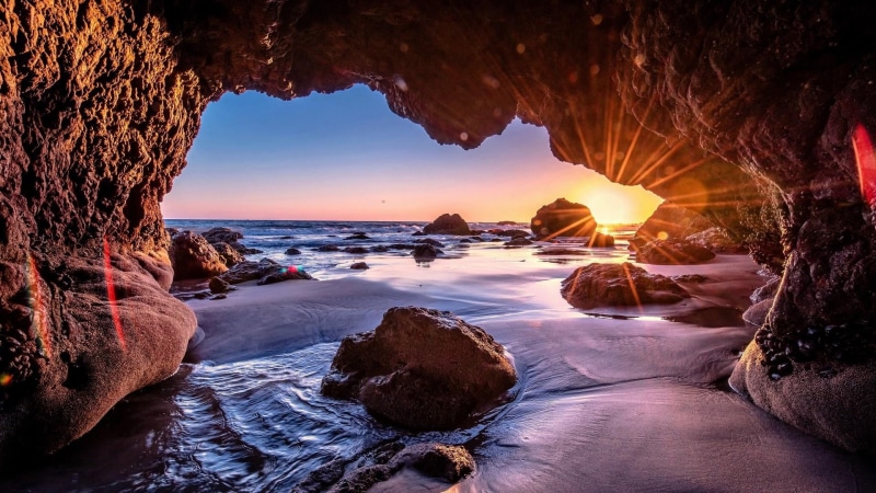 formation, rock formation, horizon, coast, rock, sunset, land, motion, pacific ocean, nature, sunlight, beach, 1080P, rock - object, sea cave, cave, water