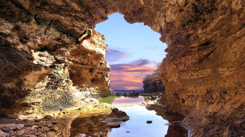 cave, 4K, sky, rock formation, water, grotto, seaside, rock, sea cave, landscape, natural arch, cliff, nature, arch