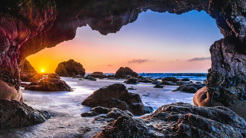 sea cave, sea, sunset, cave, nature, sky, landscape, scenic, formation, amazing, 4K, rock, cliff, body of water, incredible, epic, coast, water, shore