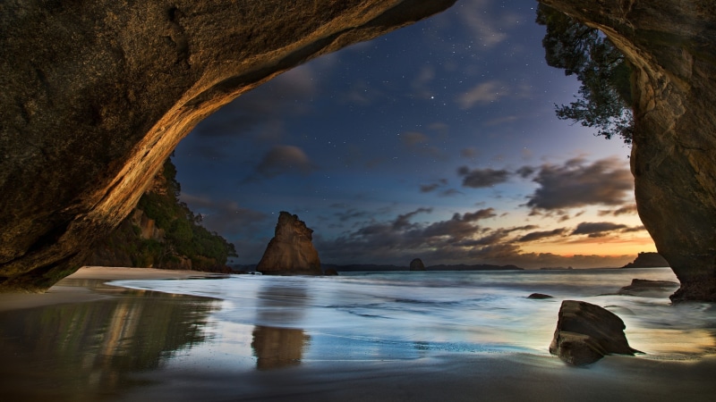 cathedral cove marine reserve, natural arch, coast, starry night, cave, arch, reflection, shore, dusk, cove, new zealand, coromandel peninsula, cathedral cove