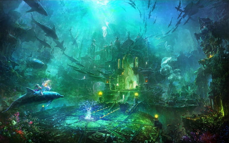 temple, hd, sharks, sea, dolphins, fantasy, fish, x, ocean, abstract, artwork, underwater, 1080P, art