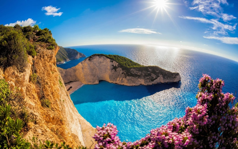 panoramic, 2K, view, navajo, sun, greece, zakynthos, ocean, sky, island, sea, beach, hd