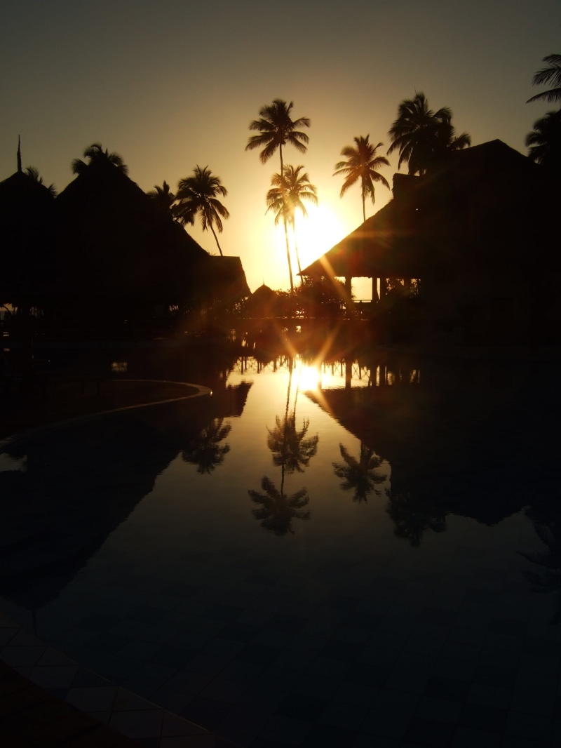 water, outdoors, sea, africa, nature, reflection, plant, built structure, silhouette, tree, sky, palm tree, lake, pool, architecture, 2K, zanzibar, sunrise