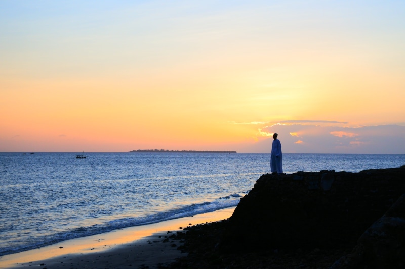 horizon over water, beauty in nature, ocean, outdoors, sunset, scenics - nature, person, land, sky, tower, 5K, zanzibar, horizon, summer, built structure