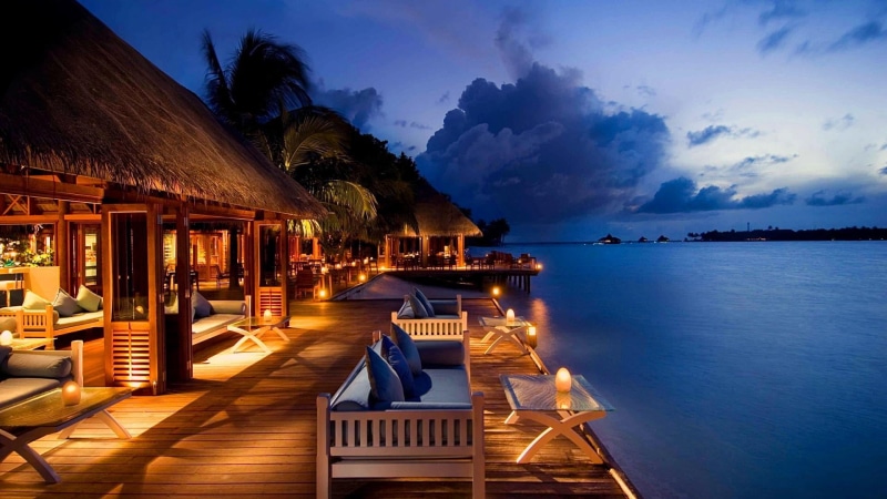 beauty in nature, conrad, summer, night, land, maldives, outdoors, no people, tranquil scene, tranquility, holiday, evening, beach, water, resort, dusk