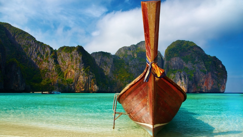 boat, ocean, phi phi islands, lagoon, coast, sky, summer, vacation, island, 4K, tourism, exotic, sea, water, asia, tropics, krabi, thailand, cloud, bay