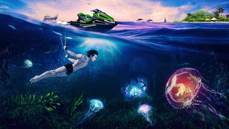 Jelly Fish, undersea, full length, swimming, scuba diving, jetskis, sea life, leisure activity, outdoors, adventure, digital, 4K, marine, diving, sport
