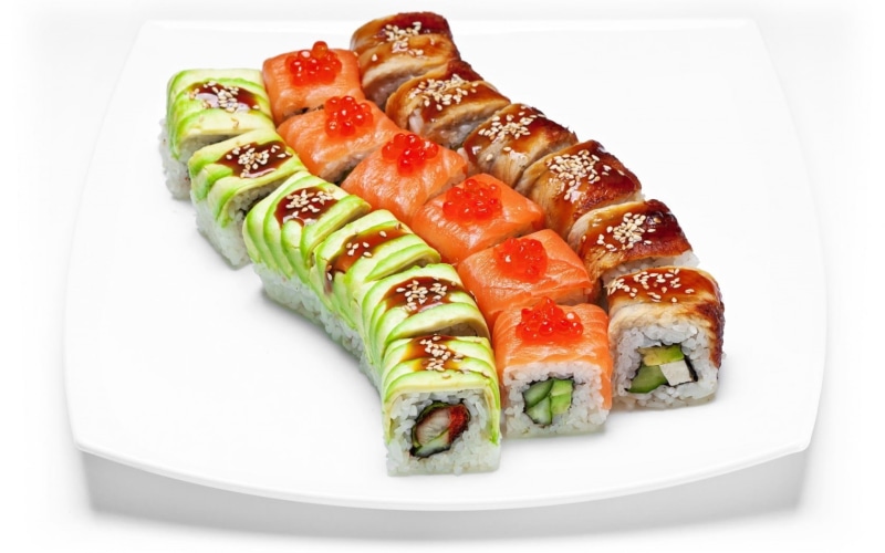 asian food, close-up, rice, rolls, gourmet, lunch, still life, slice, cultures, 720P, white, meal, seafood, salmon, appetizer, refreshment, japanese food