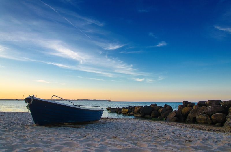 landscape, beach, nautical vessel, tranquil scene, boat, beauty in nature, rest, peaceful, mode of transportation, sunset, 4K, stones, summer, sea, rügen