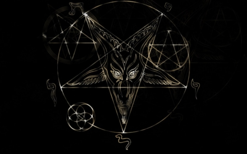 720P, black background, pattern, Pentagram, illuminated, close-up, metal, baphomet, shape, Dark, geometric shape, design, night, black color, art and craft