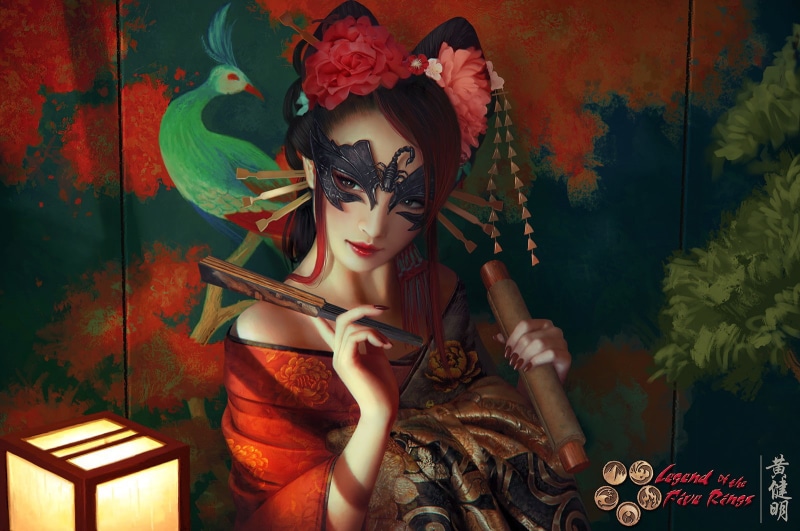 painting, culture, warrior, Asian, fantasy art, samurai, colorful, artwork, costumes, video games, mask, digital art, geisha, women, lamp, Legend of the Five Rings