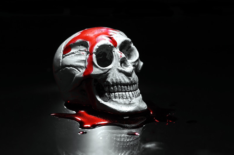 horror movie, white, skull, reflection, representation, studio shot, halloween, indoors, black background, paperweight, blood, celebration, evil, dead