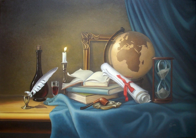 books, old-fashioned, globe, candle, lighting equipment, map, equipment, table, large group of objects, 2K, still life, tube, home interior, pen, electric Lamp