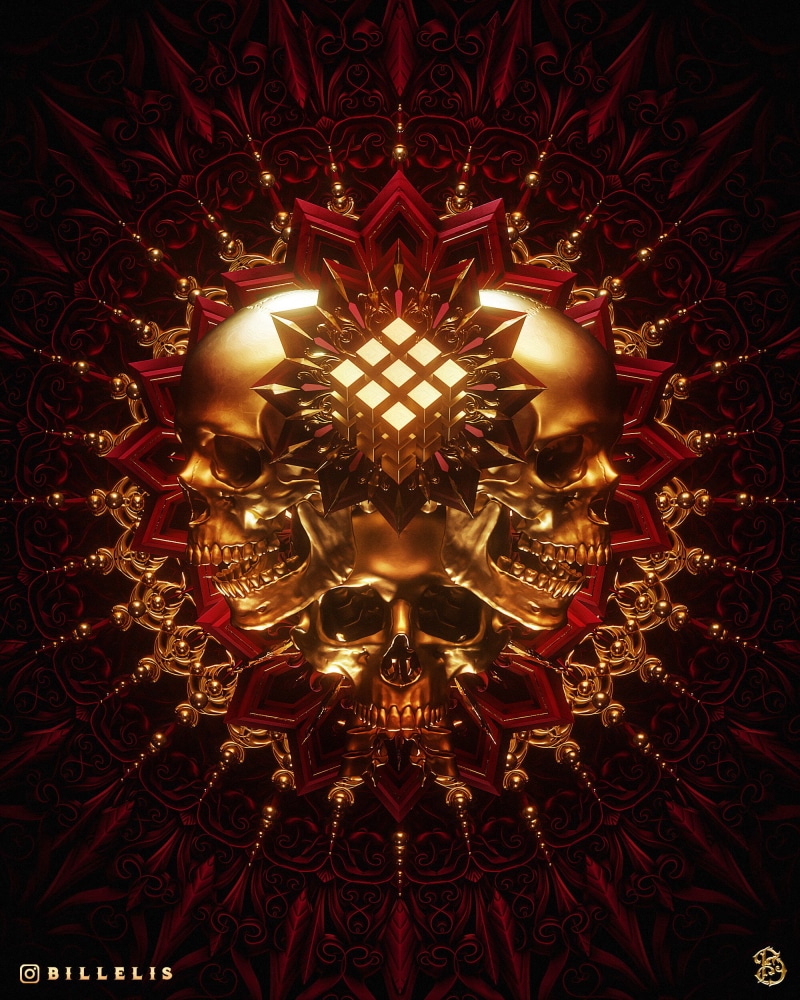 red, death, skull, 1080P, billelis, gold, religion, dark