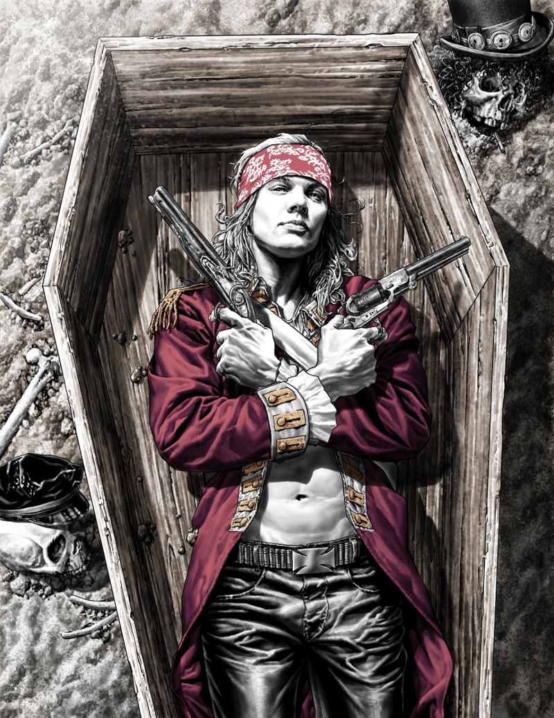 Axl Rose, coffins, men, bandanas, pistol, Guns N Roses, skull, bones, rock bands, hat, 720P, long hair, rock and roll, musician