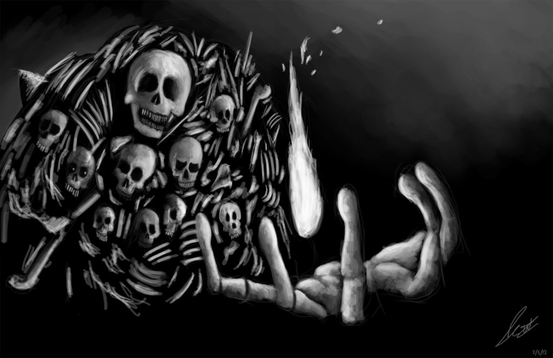 hands, bone, human body part, art and craft, black background, fingers, skeleton, halloween, spooky, representation, angel, horror, 1080P, fire, painting