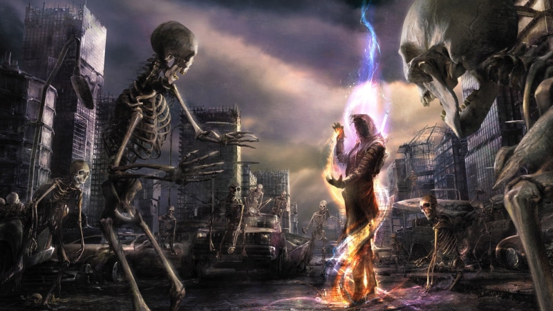 motion, full length, arts culture and entertainment, fantasy art, skull, burning, digital composite, people, smoke - physical structure, adult, group of people