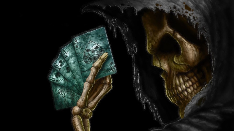 skull, dark, bone, poker, death, skeleton, mythical creature, card, jaw, darkness, artwork, 1080P