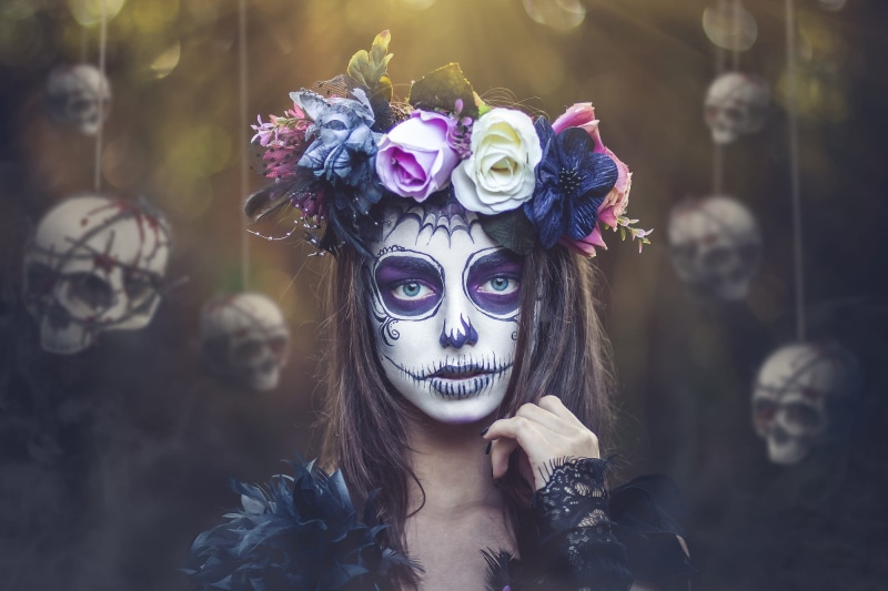 skull, women, bones, Dia de los Muertos, fantasy girl, makeup, 1080P, face