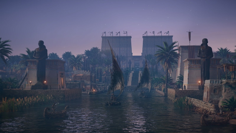 place of worship, lake, video games, built structure, water, 1080P, Ubisoft, tree, night, building, Assassins Creed: Origins, waterfront, travel destinations