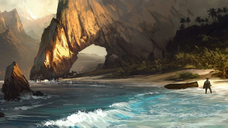 rock, 1080P, drawing, arch, shore, beach, creed, pirate, assassin 039 s, stone