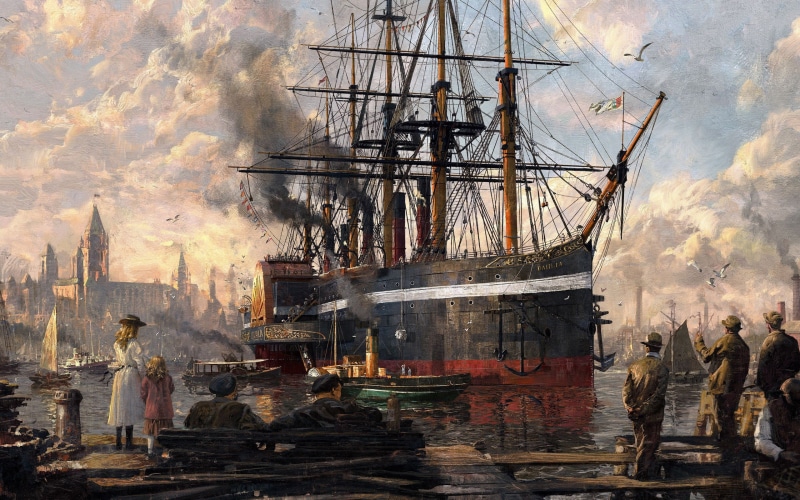the past, anno, sky, real people, 2K, water, cloud - sky, architecture, transportation, artwork, group of people, mode of transportation, game, hd, mast