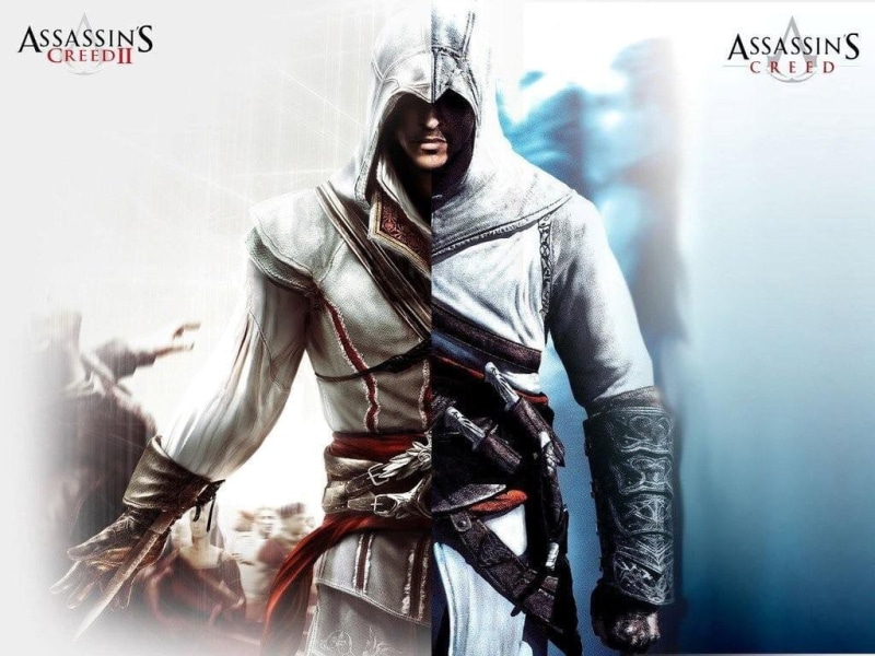 hairstyle, smiling, logo, creativity, fashion, Altaïr Ibn-LaAhad, front view, creed, video games, emotion, people, scarf, Ezio Auditore da Firenze, adult