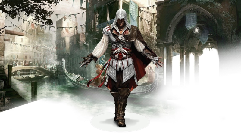 day, front view, fanart, building exterior, Assassins Creed, outdoors, mask - disguise, one person, assasin, real people, arts culture and entertainment