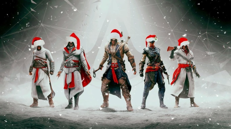 Altaïr Ibn-LaAhad, medium group of people, dancing, young adult, group of people, costume, 720P, Ezio Auditore da Firenze, full length, emotion, indoors