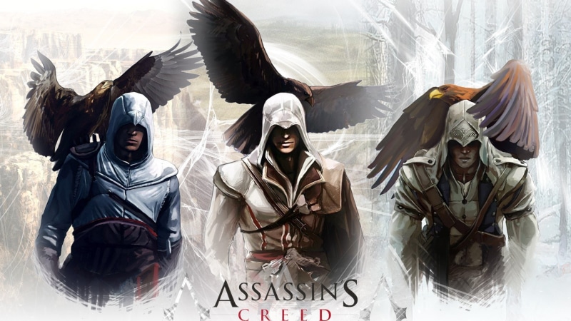 lifestyles, smiling, group of people, cover, emotion, celebration, male likeness, Assassins Creed, art and craft, people, real people, Conner Kenway, young women