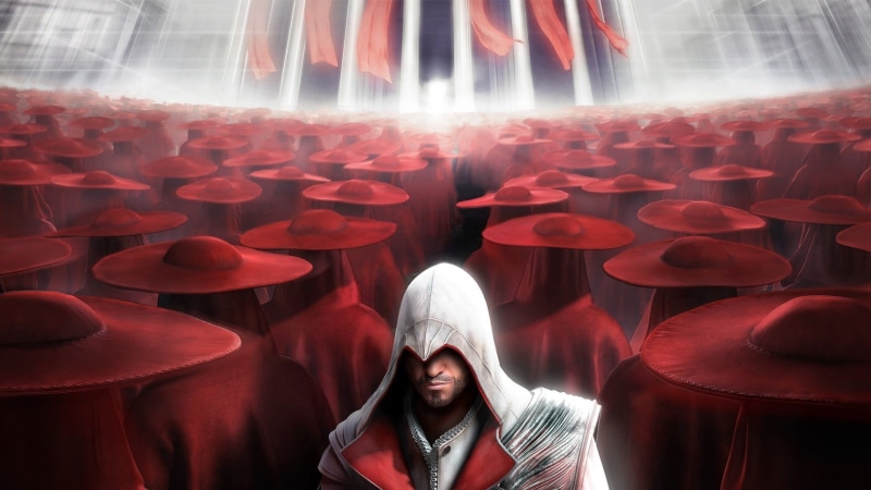 obscured face, Assassins Creed, painting, arts culture and entertainment, hood - clothing, indoors, adult, stage, curtain, sitting, digital, 1080P, seat