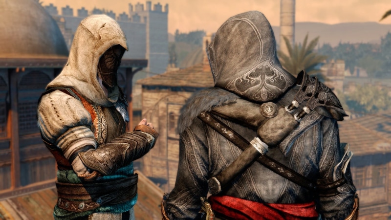 Ezio Auditore da Firenze, focus on foreground, creed, Assassins Creed: Revelations, male likeness, statue, architecture, assassin, Ubisoft, day, human representation